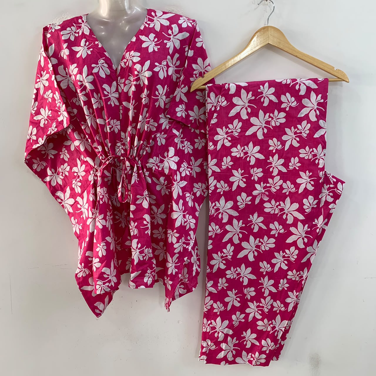 Pink Shade Autumn Leafy Print Cotton Maternity Kaftan Co-Ord Set