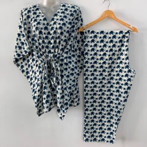White Shade Bluish Elephant Print Cotton Maternity Kaftan Co-Ord Set