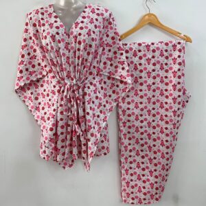 White Shade Pink Rocket Print Cotton Maternity Kaftan Co-Ord Set
