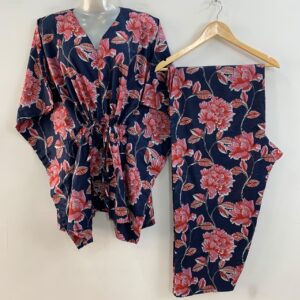 Dark Blue Shade Pink Earth Lotus Print Cotton Maternity Kaftan Co-Ord Set