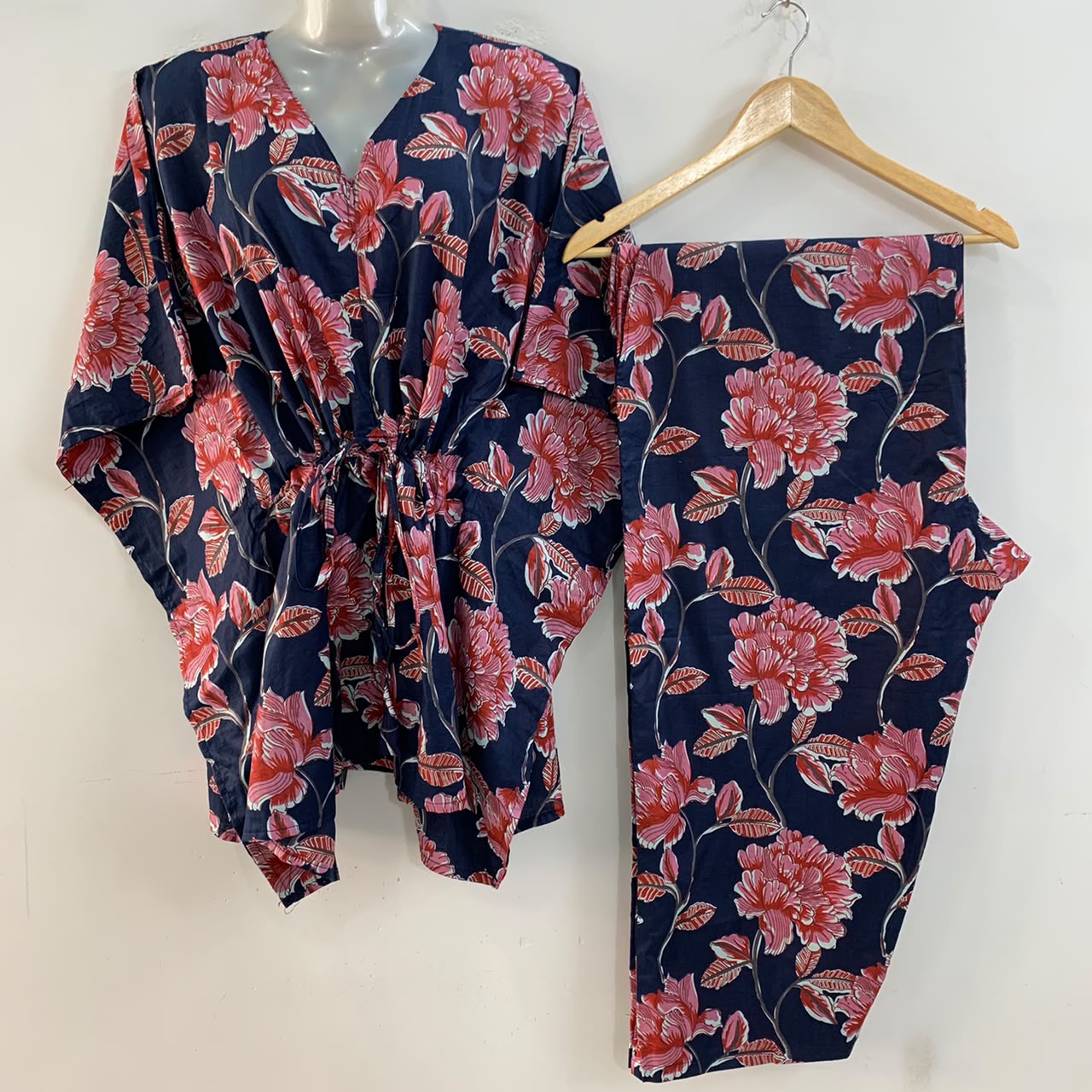 Dark Blue Shade Pink Earth Lotus Print Cotton Maternity Kaftan Co-Ord Set