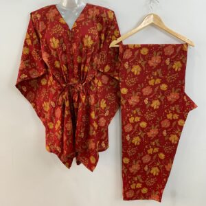 Red Shade Beautiful Flower Garden Print Cotton Maternity Kaftan Co-Ord Set