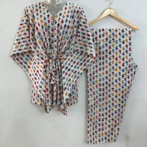 White Shade Multicolor Tiny Elephant Print Cotton Maternity Kaftan Co-Ord Set
