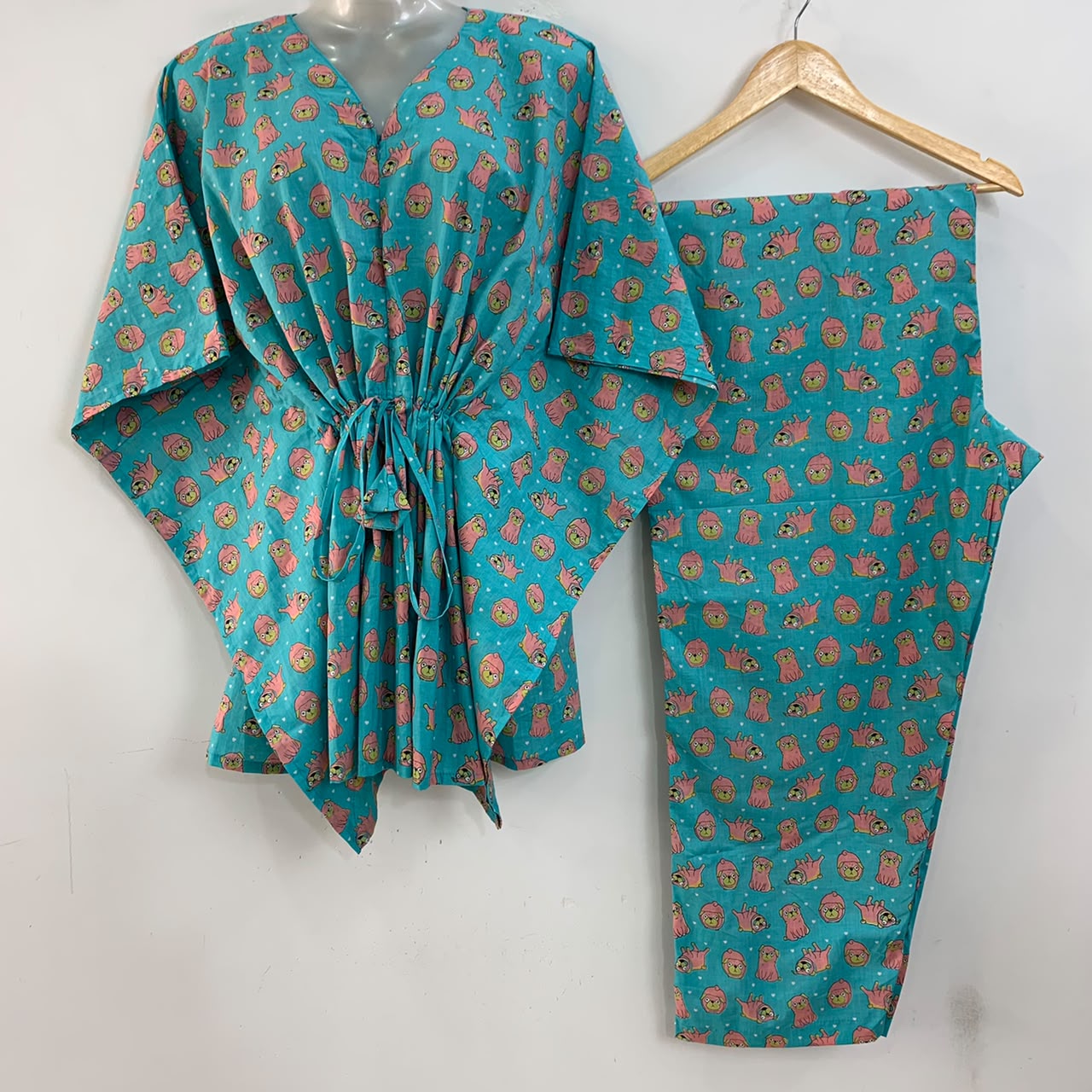 Light Blue Shade Pink Puppy Print Cotton Maternity Kaftan Co-Ord Set