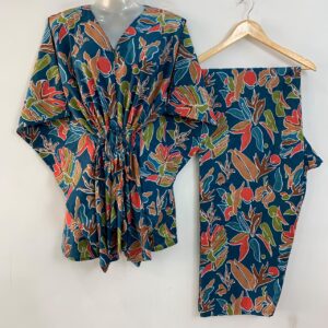 Teal Blue Shade Multicolor Leafy Abstract Print Cotton Maternity Kaftan Co-Ord Set