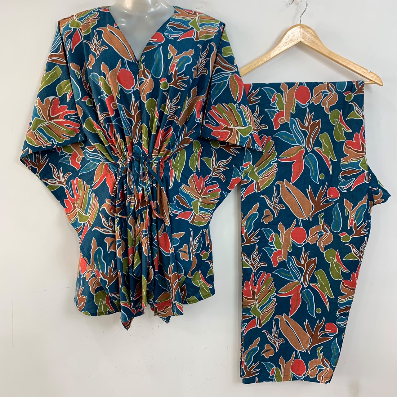 Teal Blue Shade Multicolor Leafy Abstract Print Cotton Maternity Kaftan Co-Ord Set