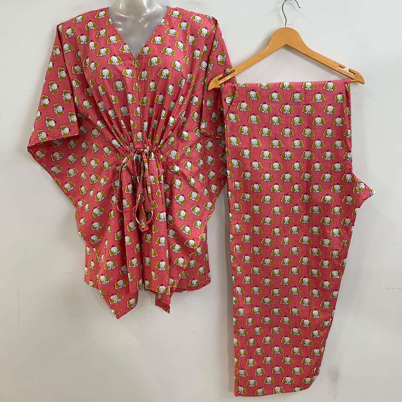 Peach Shade Big Eared Elephant Print Cotton Maternity Kaftan Co-Ord Set