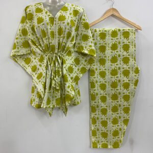 Lime Yellow Shade Maple Leafy Print Cotton Maternity Kaftan Co-Ord Set