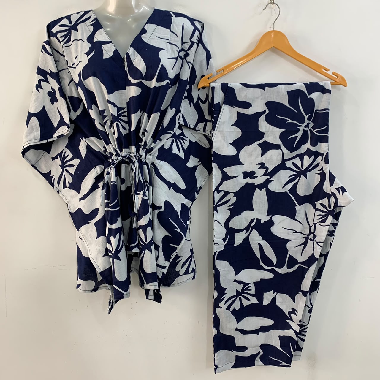 Dark Blue Shade Big Flower Garden Print Cotton Maternity Kaftan Co-Ord Set