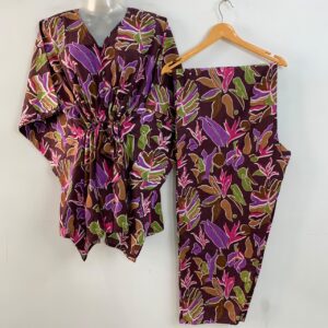 Dark Brown Shade Multicolor Leafy Abstract Print Cotton Maternity Kaftan Co-Ord Set