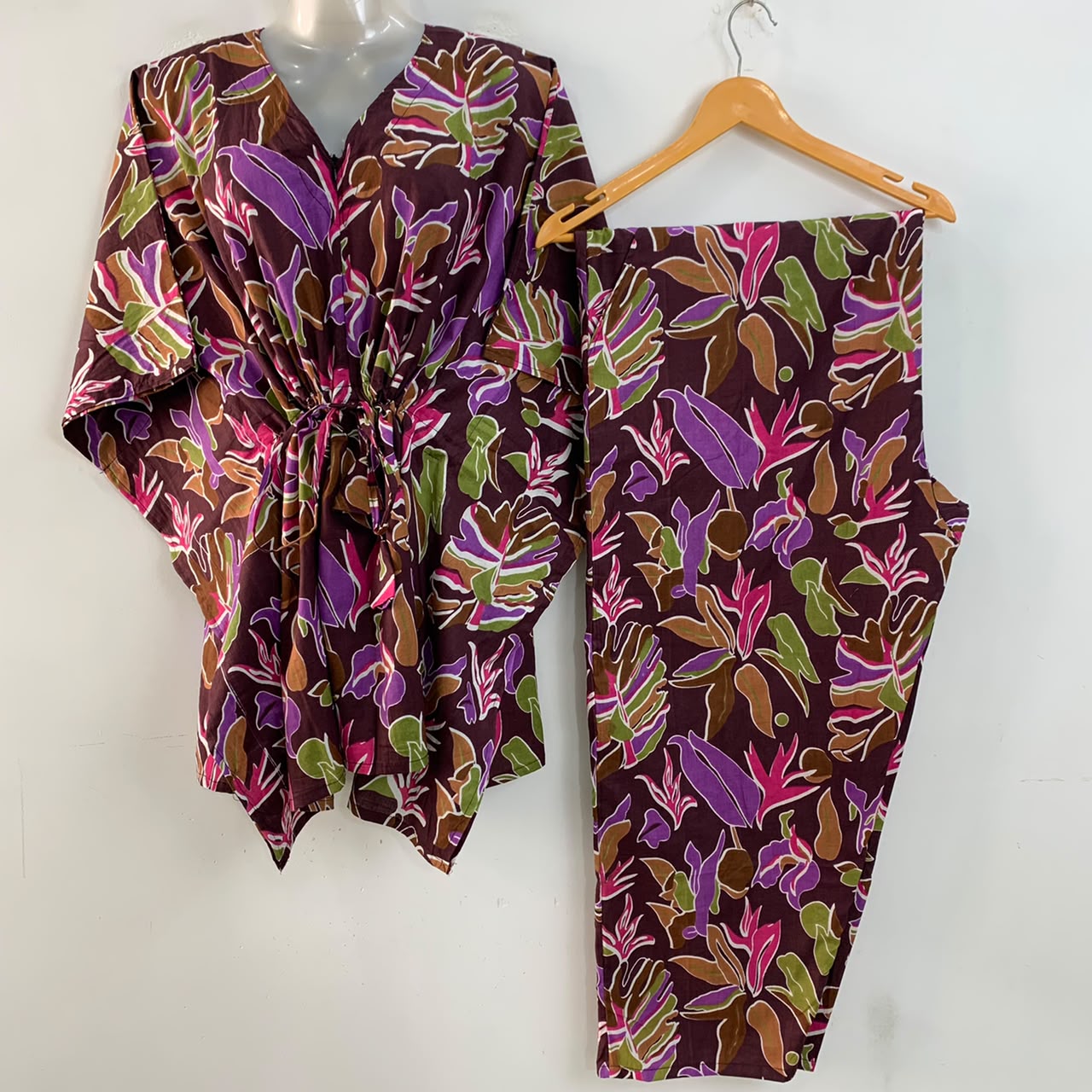 Dark Brown Shade Multicolor Leafy Abstract Print Cotton Maternity Kaftan Co-Ord Set
