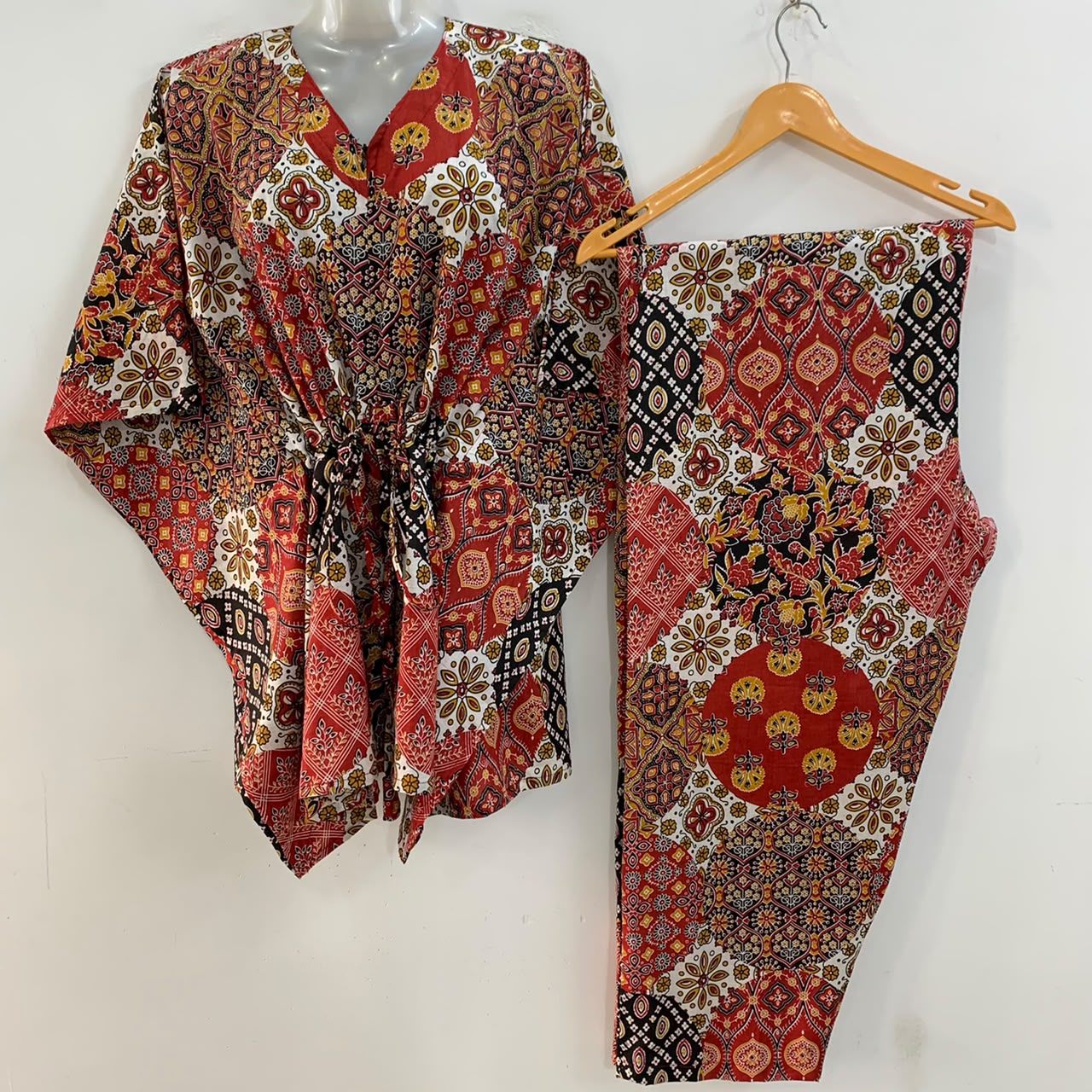 Red-Black Jaipuri Print Cotton Maternity Kaftan Co-Ord Set