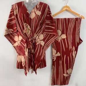 Red Shade Four Petal Flower Stripe Print Cotton Maternity Kaftan Co-Ord Set