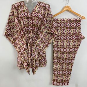 Peach-Green Ikkat Print Cotton Maternity Kaftan Co-Ord Set