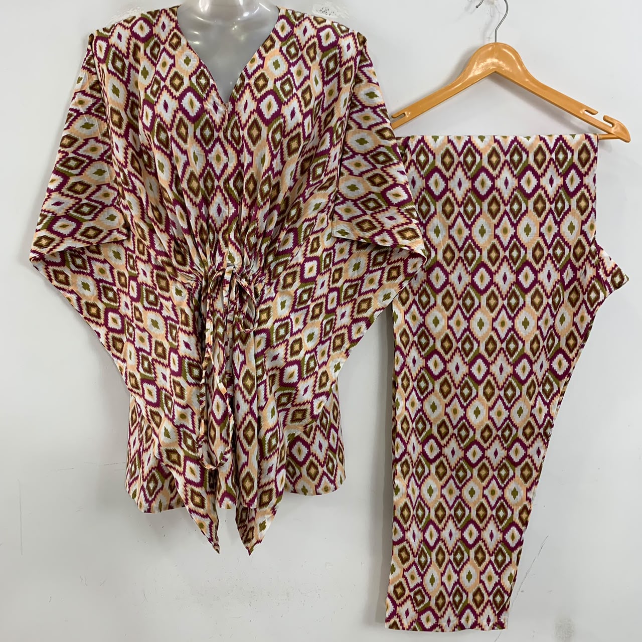 Peach-Green Ikkat Print Cotton Maternity Kaftan Co-Ord Set