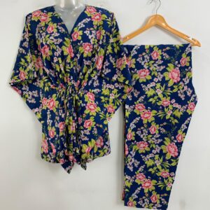 Blue Shade Pink China Rose Print Cotton Maternity Kaftan Co-Ord Set