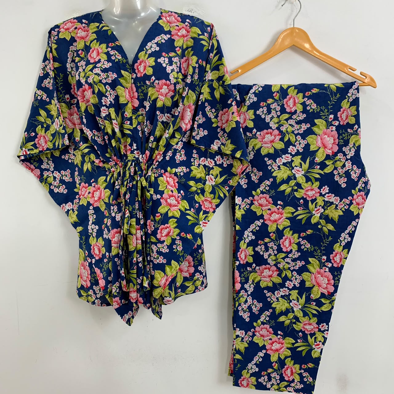 Blue Shade Pink China Rose Print Cotton Maternity Kaftan Co-Ord Set