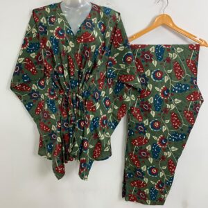 Green Shade Red-Blue Leafy Print Cotton Maternity Kaftan Co-Ord Set