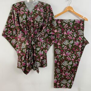 Olive Shade Grey Midnight Flower Print Cotton Maternity Kaftan Co-Ord Set