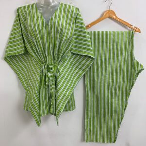 Light Green Shade Vertical Lining Print Cotton Maternity Kaftan Co-Ord Set