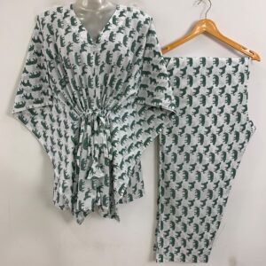 White Shade Green Leopard Print Cotton Maternity Kaftan Co-Ord Set
