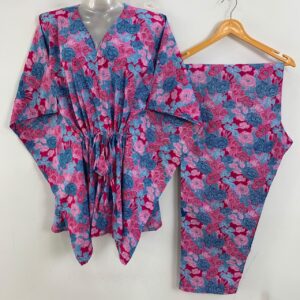 Pink-Blue Small Digital Flower Print Cotton Maternity Kaftan Co-Ord Set