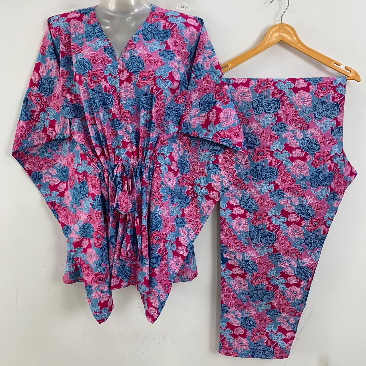 Pink-Blue Small Digital Flower Print Cotton Maternity Kaftan Co-Ord Set