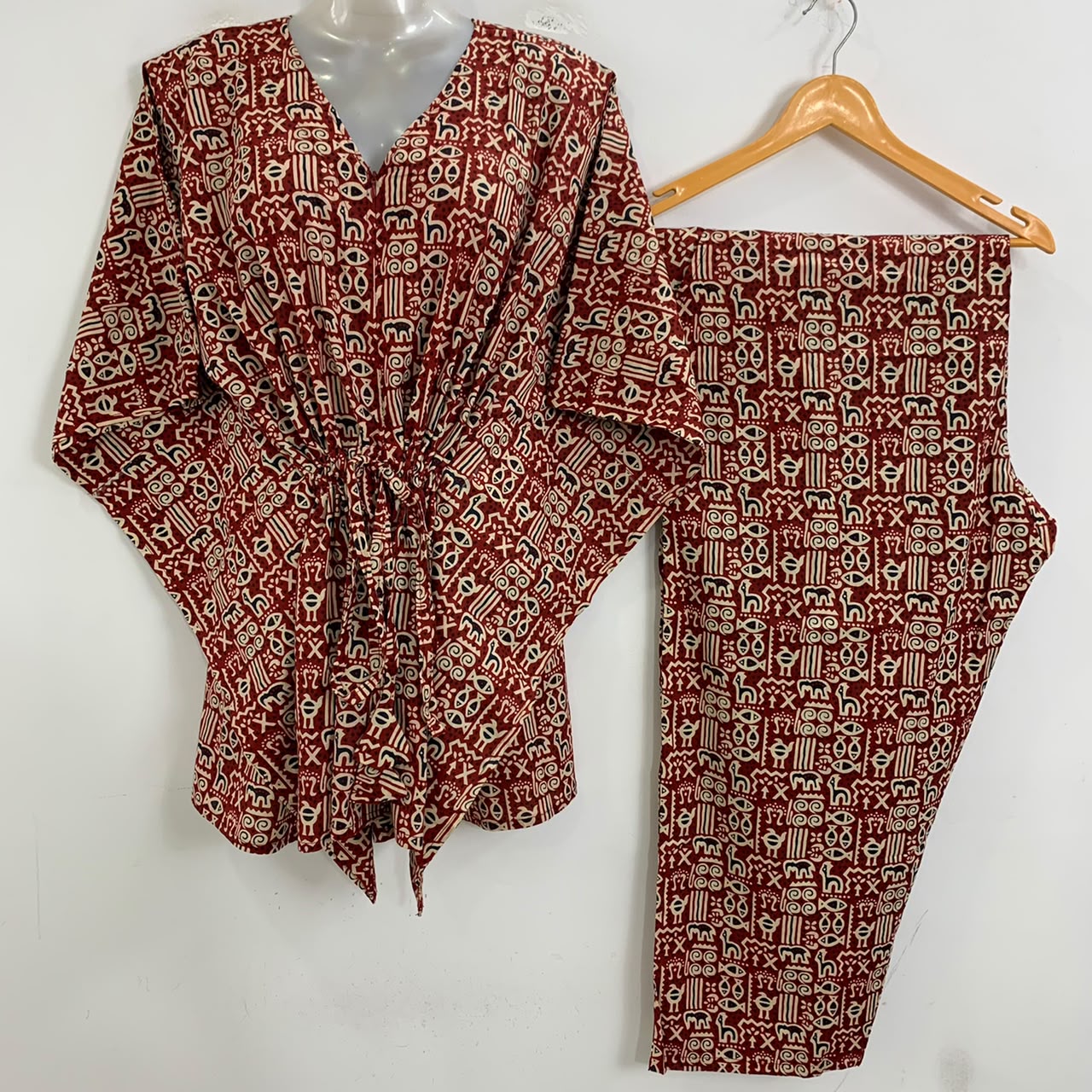 Brick Red Shade Boho Print Cotton Maternity Kaftan Co-Ord Set