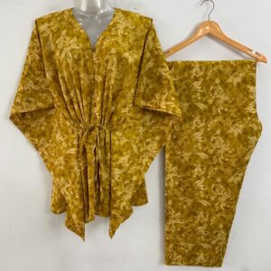 Mustard Yellow Shade Cream Flower Print Cotton Maternity Kaftan Co-Ord Set