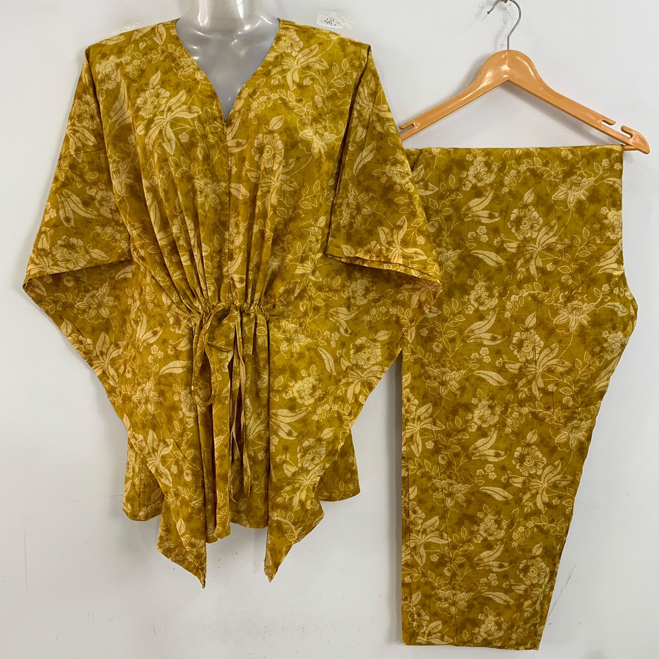 Mustard Yellow Shade Cream Flower Print Cotton Maternity Kaftan Co-Ord Set