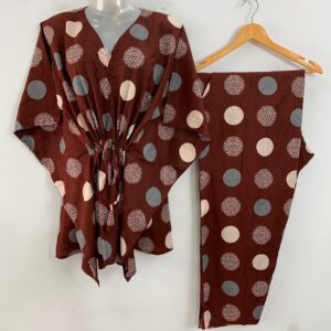 Dark Brown Shade Polka Dot Mandala Print Cotton Maternity Kaftan Co-Ord Set