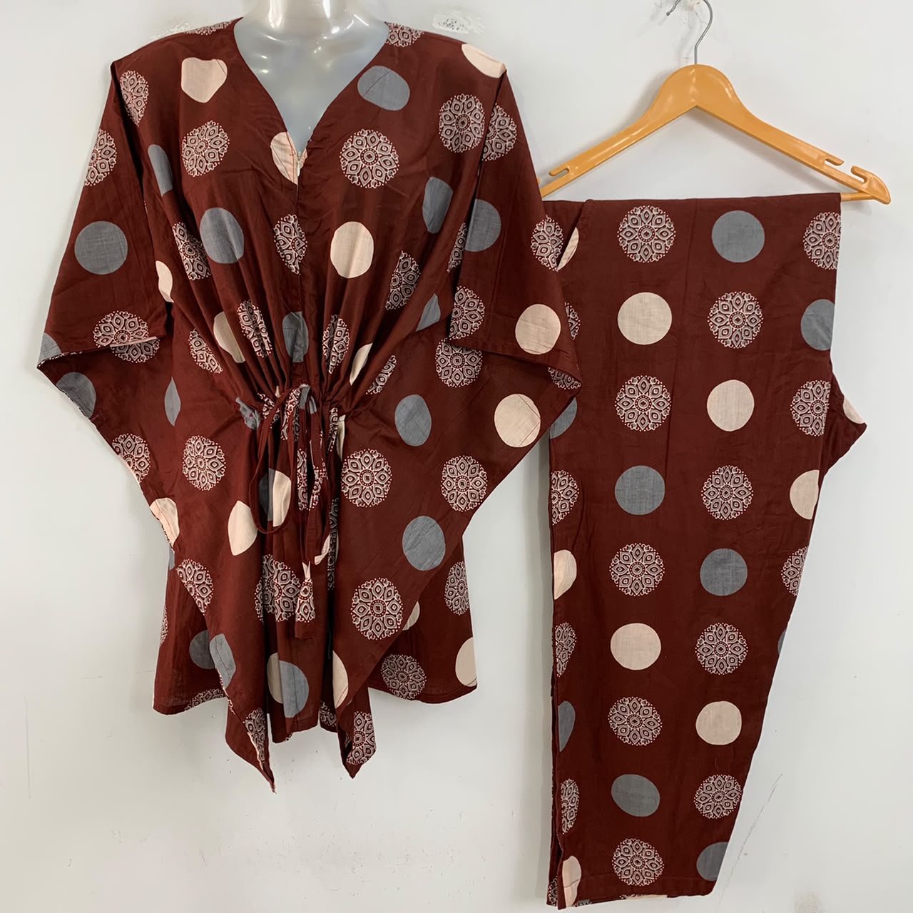 Dark Brown Shade Polka Dot Mandala Print Cotton Maternity Kaftan Co-Ord Set
