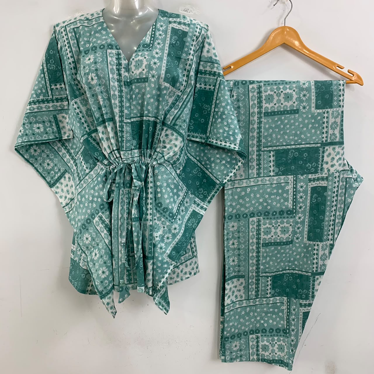 Pastel Green Shade Square Boho Print Cotton Maternity Kaftan Co-Ord Set