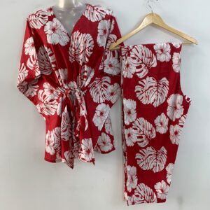 Red Shade Monstera Leafy Print Cotton Maternity Kaftan Co-Ord Set