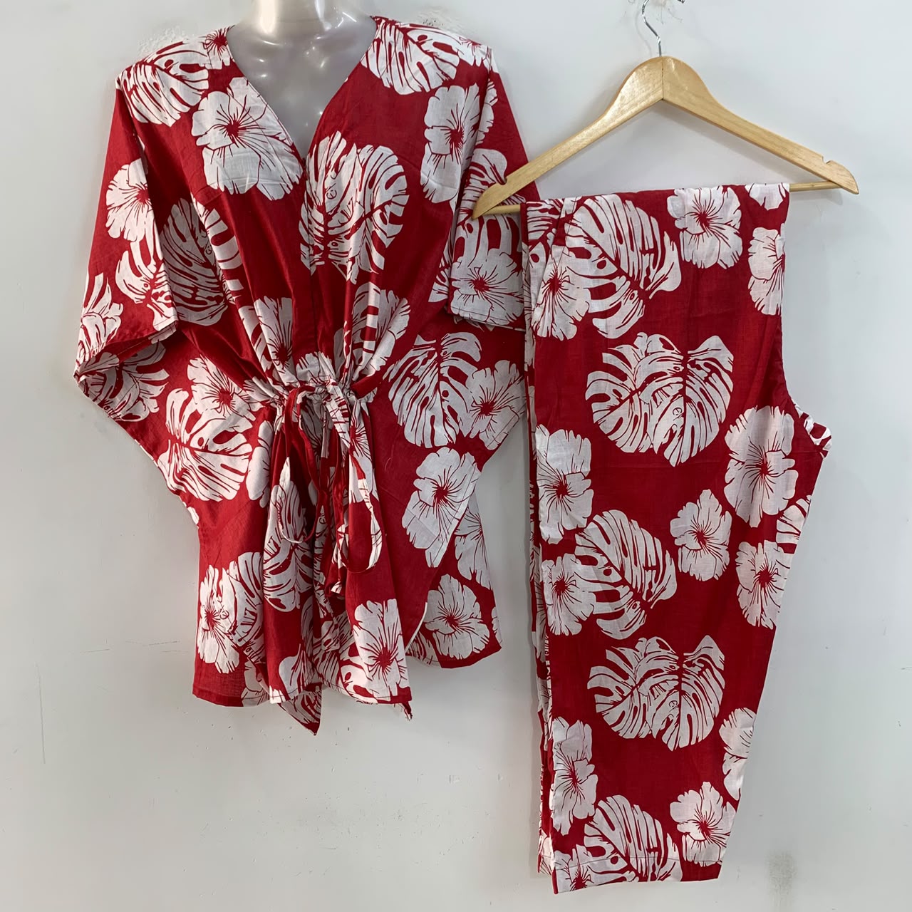 Red Shade Monstera Leafy Print Cotton Maternity Kaftan Co-Ord Set