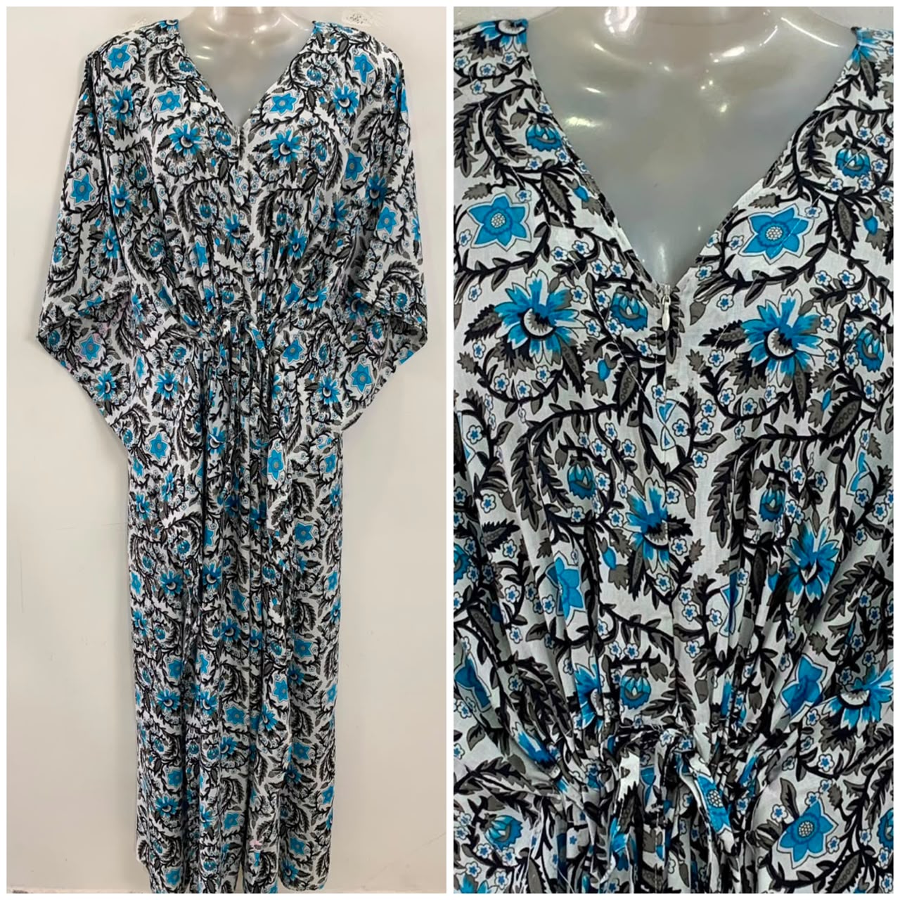 Blue Flower Grey Leafy Bale Print Rayon Maternity Kaftan