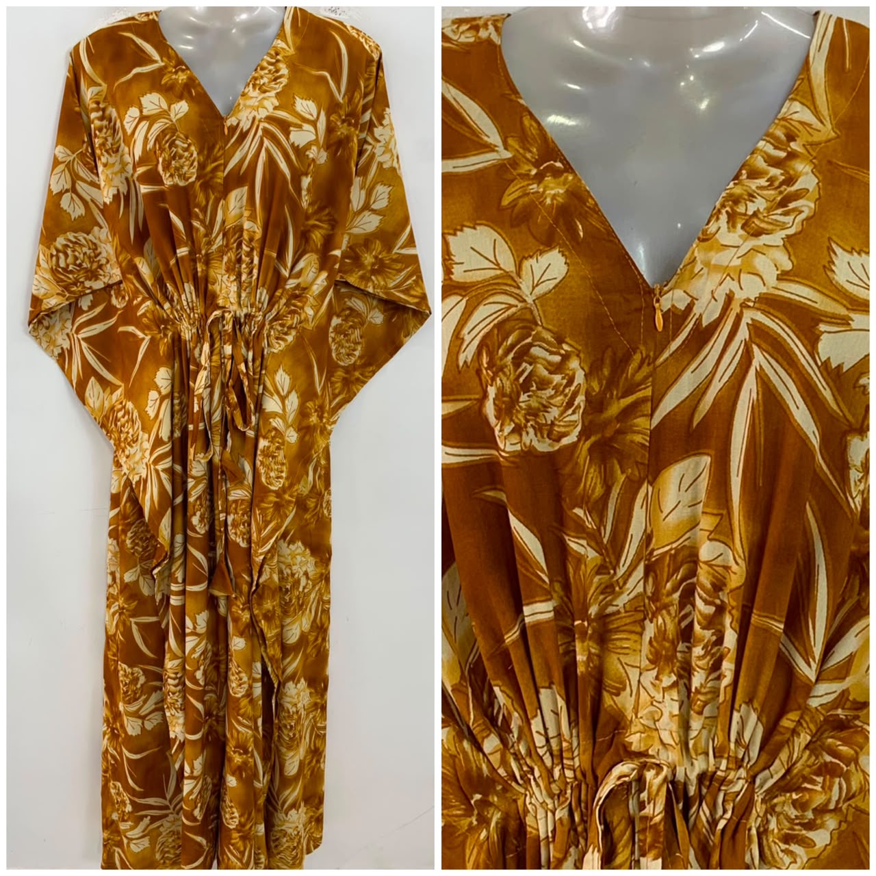 Mustard Brown Big Dalia Flower Print Rayon Maternity Kaftan