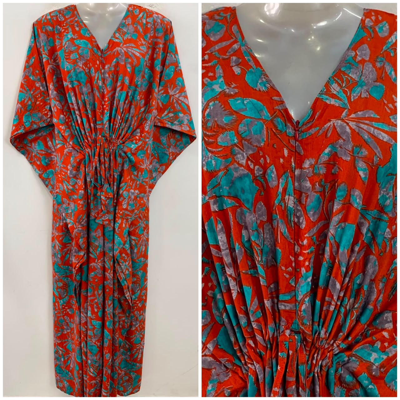 Crimson Red Shade Blue Leafy Abstract Print Rayon Maternity Kaftan