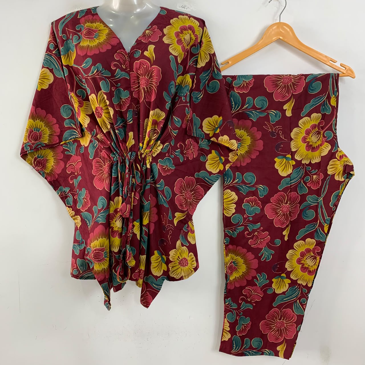 Mehroon Shade Yellow-Pink Bloom Flower Print Cotton Maternity Kaftan Co-Ord Set