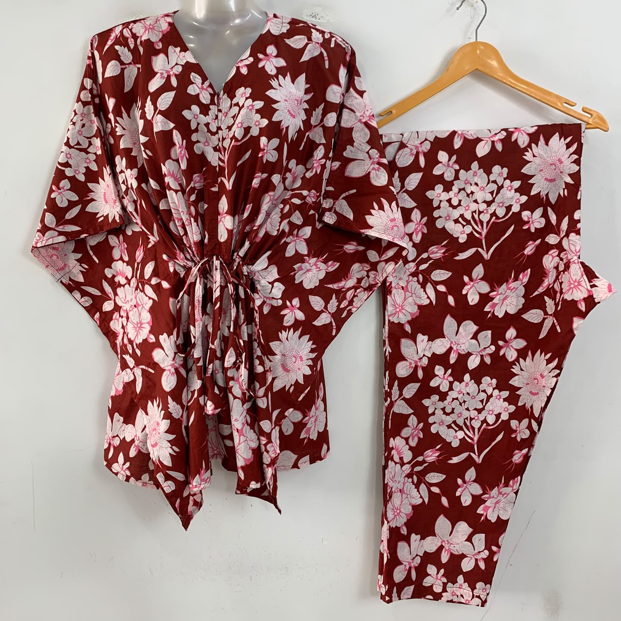 Brick Red Shade Fall Flower Print Cotton Maternity Kaftan Co-Ord Set