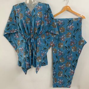 Slate Blue shade Orange Tulip Print Cotton Maternity Kaftan Co-Ord Set