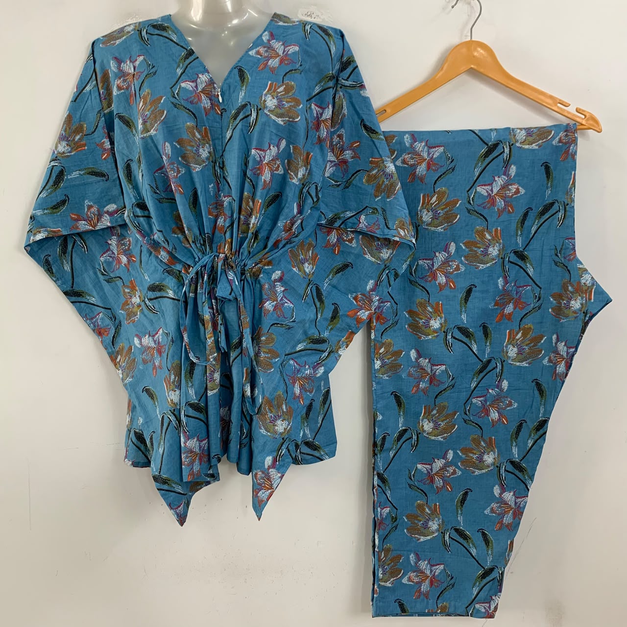 Slate Blue shade Orange Tulip Print Cotton Maternity Kaftan Co-Ord Set