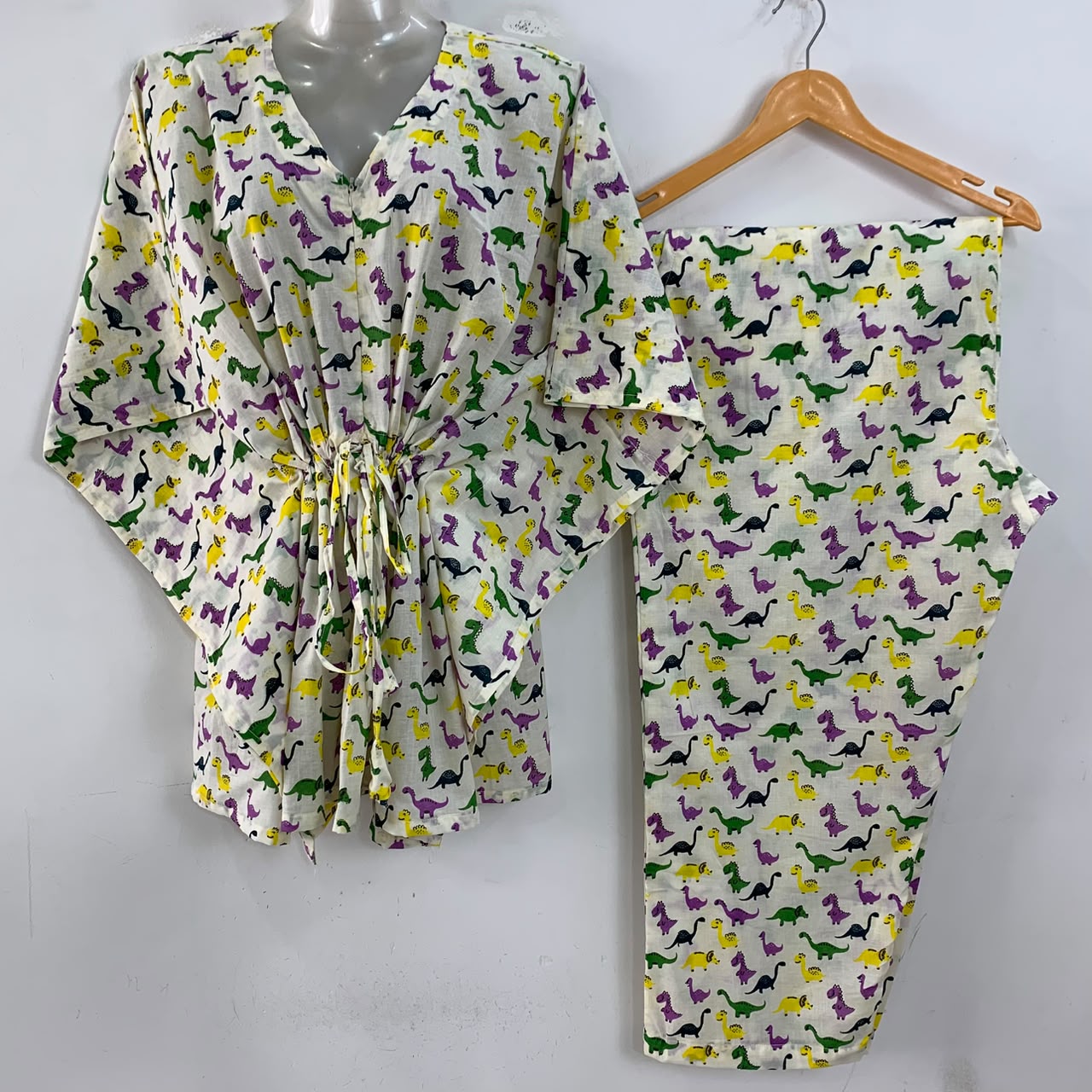 Off White shade Multicolor Dino Print Cotton Maternity Kaftan Co-Ord Set