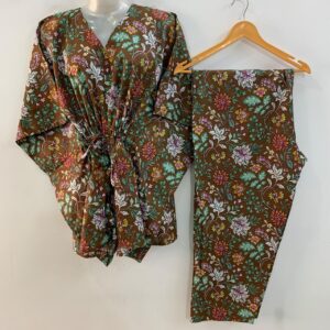 Brown shade White Flower Garden Print Cotton Maternity Kaftan Co-Ord Set
