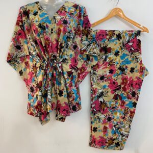 Pink-Blue Painted Abstract Print Cotton Maternity Kaftan Co-Ord Set