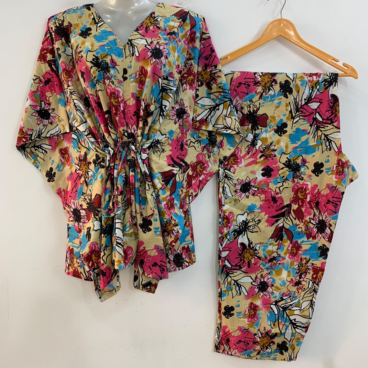 Pink-Blue Painted Abstract Print Cotton Maternity Kaftan Co-Ord Set