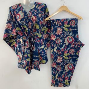 Blue shade Pink Marigold Print Cotton Maternity Kaftan Co-Ord Set