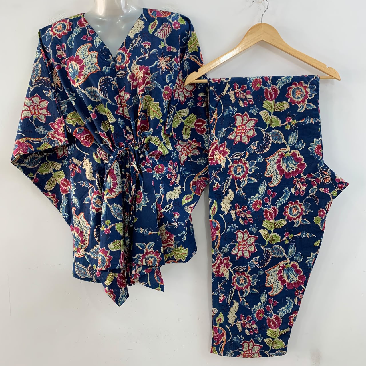 Blue shade Pink Marigold Print Cotton Maternity Kaftan Co-Ord Set