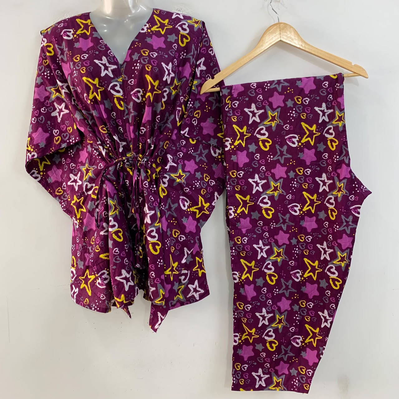 Purple Shade Yellow Star Print Cotton Maternity Kaftan Co-Ord Set