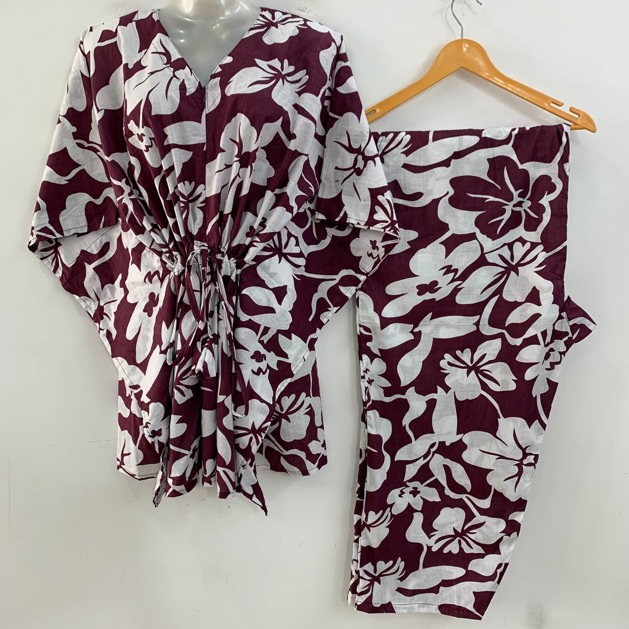 Dark Brown shade Big Flower Garden Print Cotton Maternity Kaftan Co-Ord Set